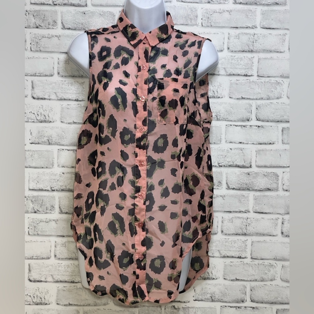Roommates Sheer Tunic Style Leopard Print Button Up Blouse Extra Small